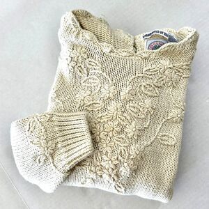 VTG Cape Isle Knitters Hand Embroidered, Floral Knit Sweater, Ivory, L, Cottage